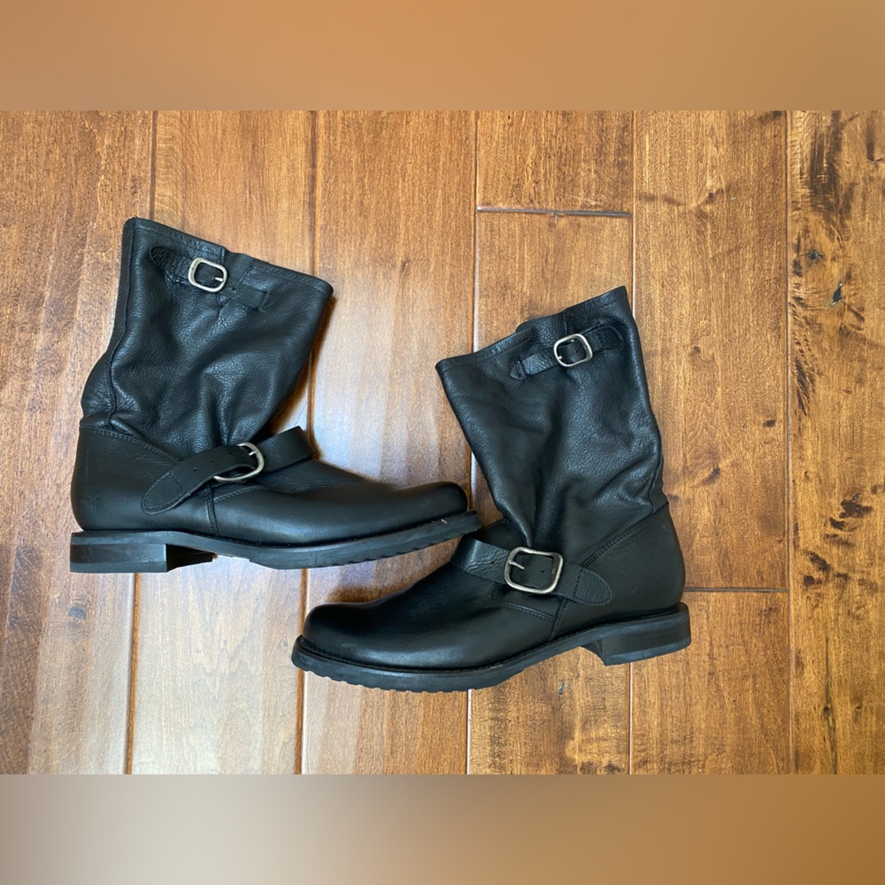 Frye Veronica Black Leather Buckle Mid-Calf Boots